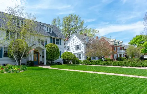 traditional subarban homes with lush green