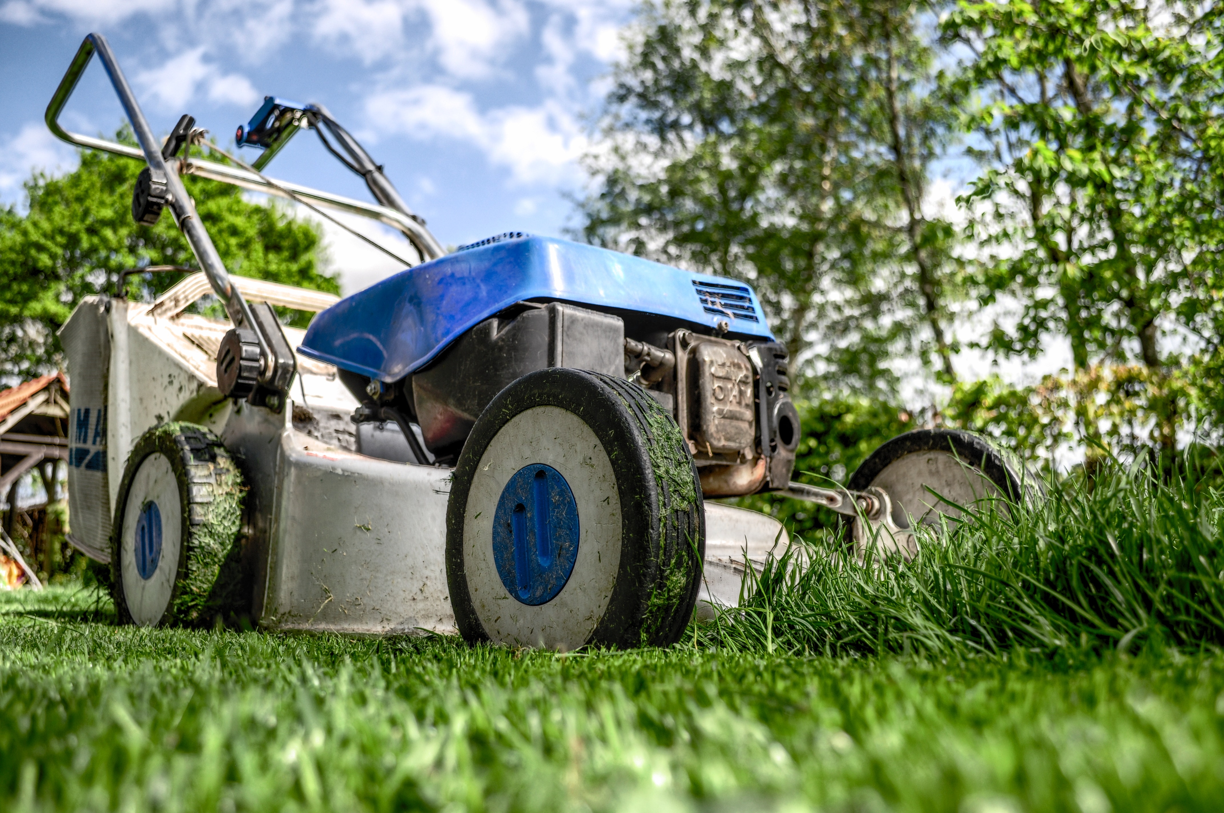 A push lawnmower in the middle of mowing a lawn.